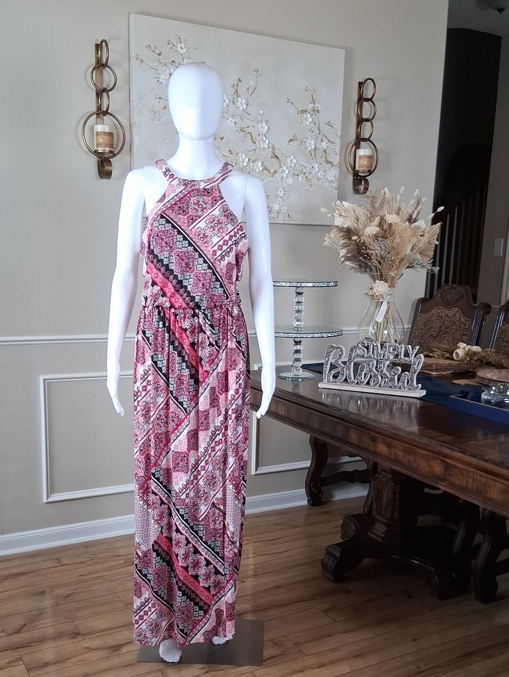 Trixxi Women's Halter Pink Multi Boho Maxi Dress Size Large Summer Dress